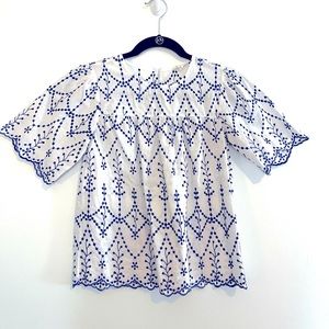 Blue and White Floral Embroidered Short Sleeve Top